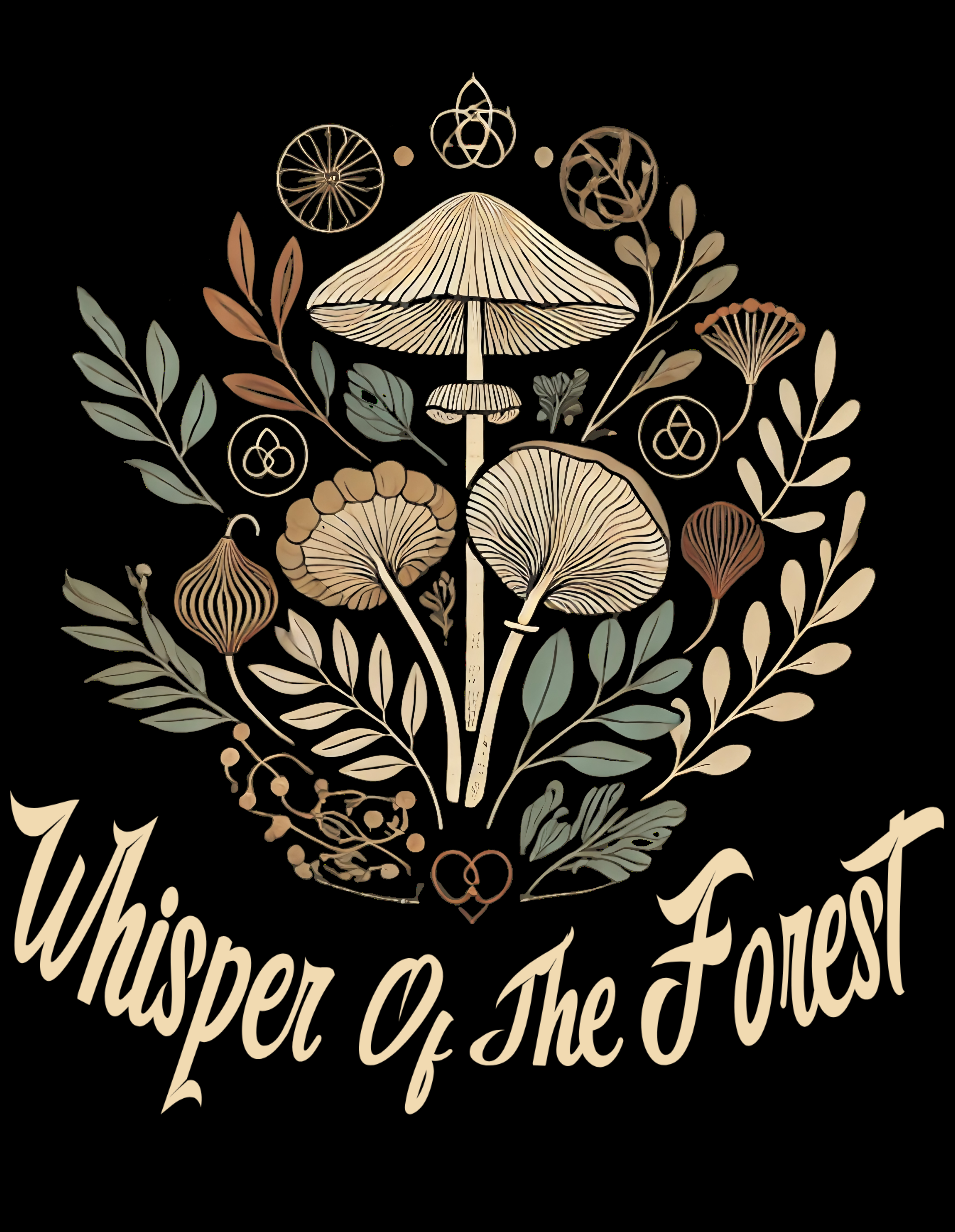 Diseño «Whisper of the Forest»: hongos y plantas nativas ilustrados en tonos crema sobre negro.